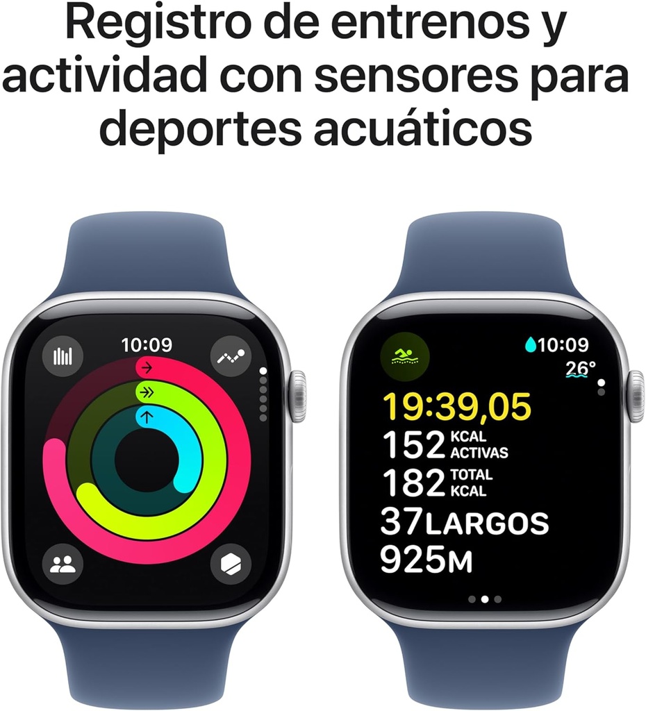 Apple Watch Serie 10, 42mm, GPS, Reloj inteligente, llamadas BT, monitor de frecuencia cardiaca, App ECG Plata/Azul
