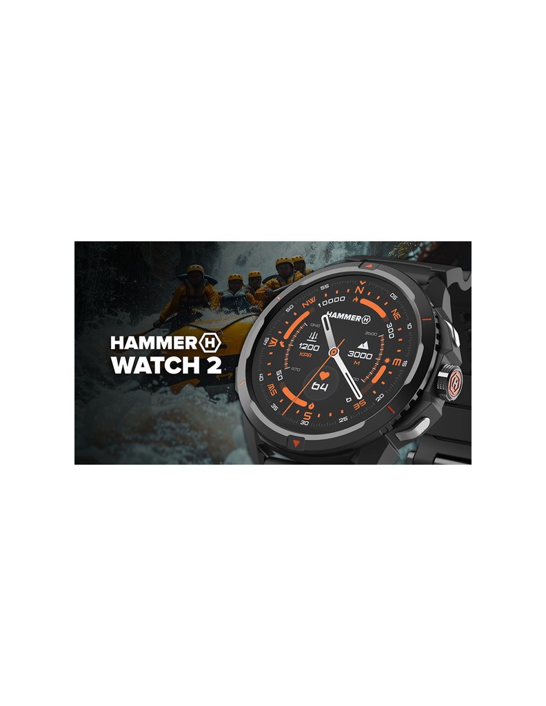 Reloj HAMMER WATCH 2, Pantalla 1,5" AMOLED, 60 modos deportivos, Resistente al agua, Batería hasta 15 días de duración, Saturación de oxigeno en sangre, linterna led
