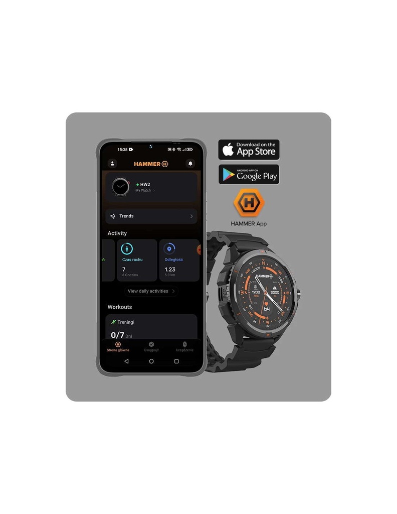 Reloj HAMMER WATCH 2, Pantalla 1,5" AMOLED, 60 modos deportivos, Resistente al agua, Batería hasta 15 días de duración, Saturación de oxigeno en sangre, linterna led