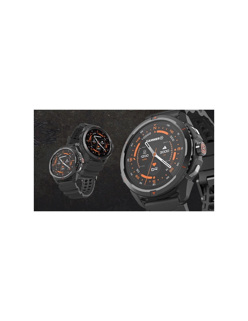 Reloj HAMMER WATCH 2, Pantalla 1,5" AMOLED, 60 modos deportivos, Resistente al agua, Batería hasta 15 días de duración, Saturación de oxigeno en sangre, linterna led