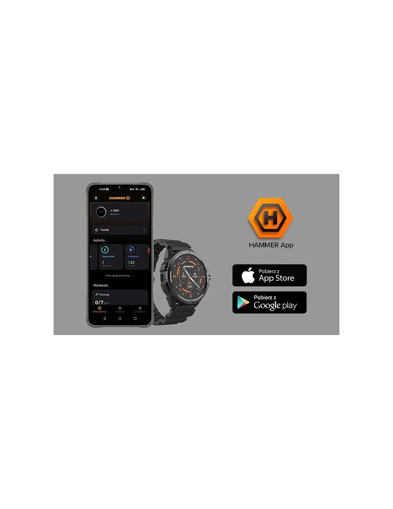 Reloj HAMMER WATCH 2, Pantalla 1,5" AMOLED, 60 modos deportivos, Resistente al agua, Batería hasta 15 días de duración, Saturación de oxigeno en sangre, linterna led