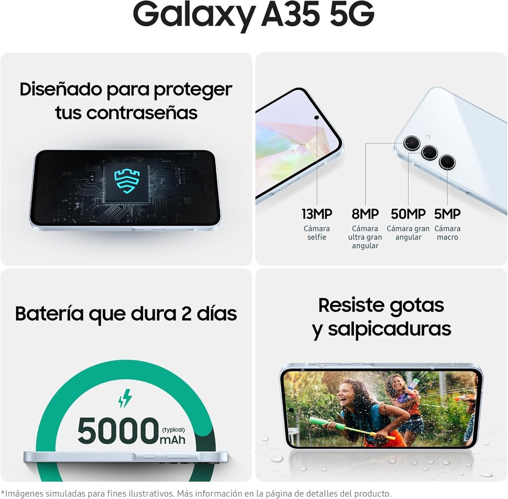 Teléfono Samsung Galaxy A35 5G, Pantalla 6,6" AMOLED, Cámara 50mp + 8mp + 5mp, Memoria RAM 6gb, Almacenamiento 256gb, Batería 5000mAh negro