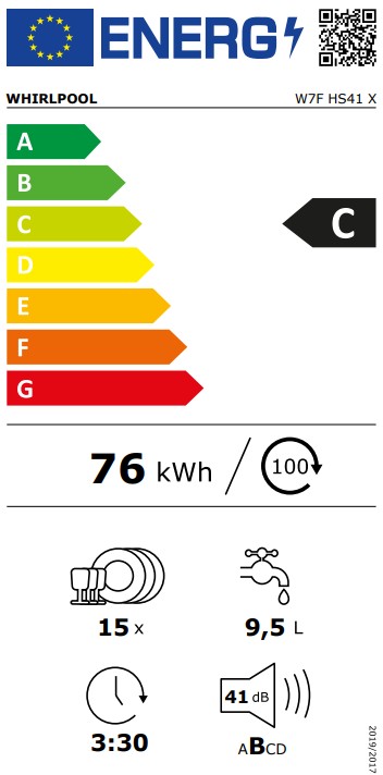 Whirlpool W7F HS41 X, lavavajillas libre instalación, 60cm, 15 cubiertos, PowerClean Pro, blanco, clase C