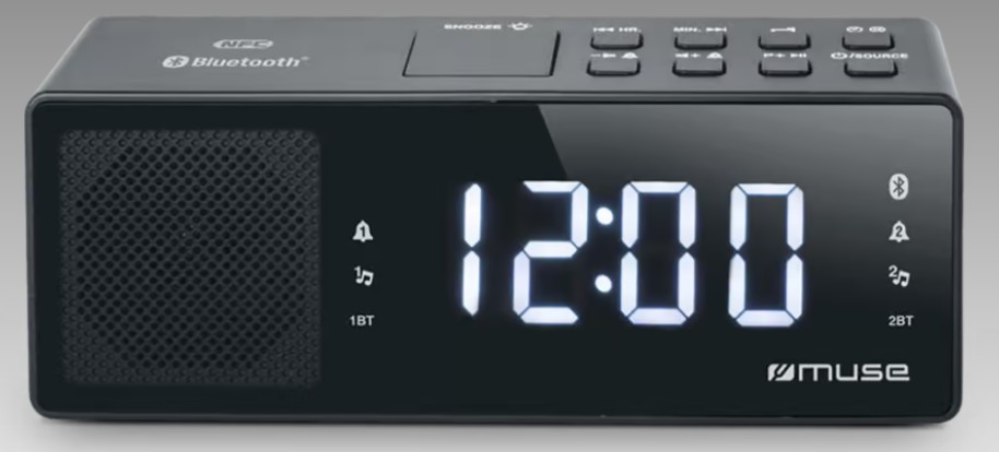 Muse M172 BT, Radio despertador PLL, Alarma dual, Conexión Bluetooth con emparejamiento NFC, Pantalla LED blanca de 1,2'', Alarma mediante radio, zumbido o Bluetooth, Función posponer y siesta, Entrada aux in, Función de carga USB, Dimmer de 3 variaciones