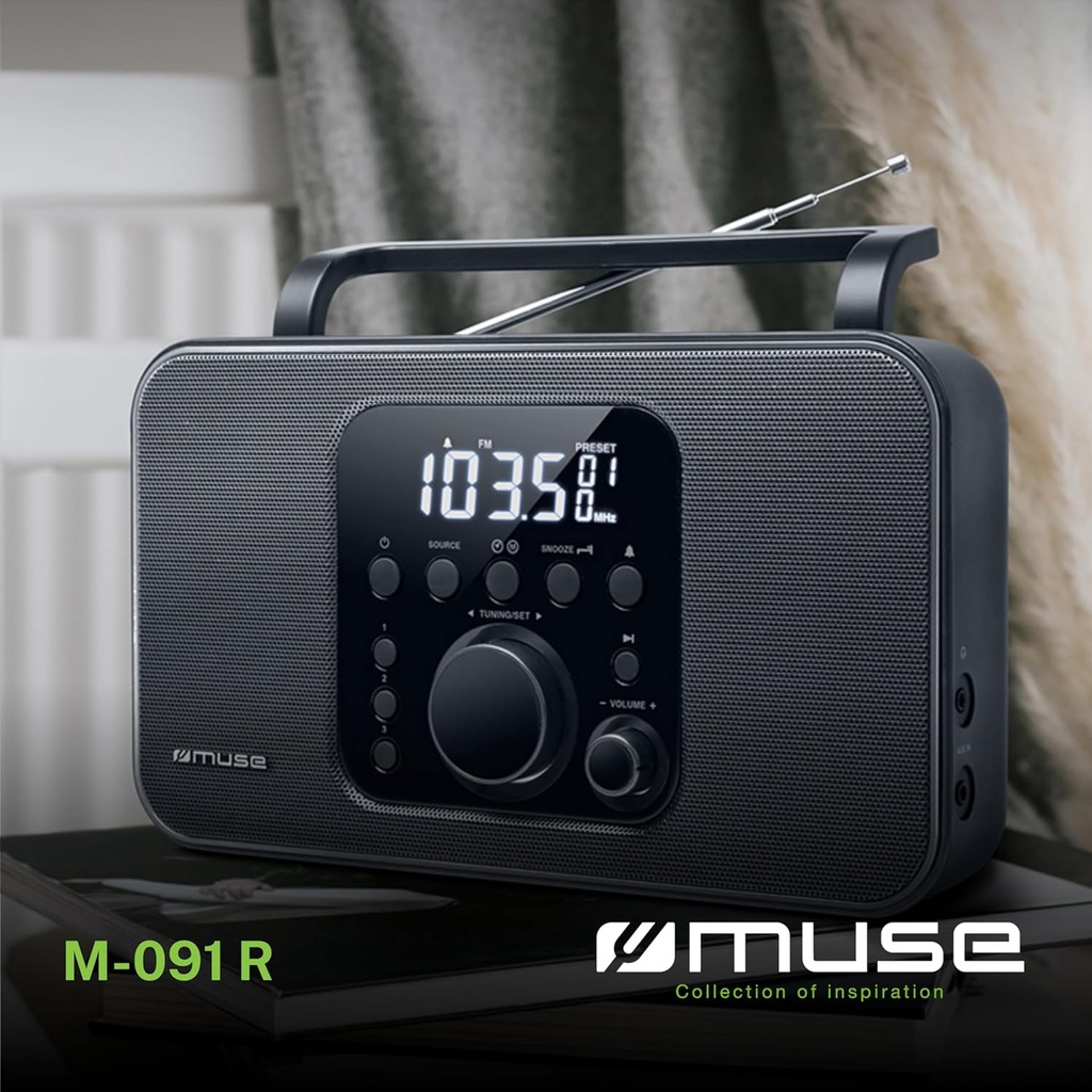 Muse M-091R, Radio portátil FM/AM PLL, 20 presintonías para emisoras (10 FM + 10 MW), Pantalla LCD, Reloj con alarma, Despertador por radio o buzzer, Entrada auxiliar, Alimentación por corriente o pilas