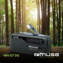 Muse MH-07 DS, Radio portátil, Bandas de radio FM/MW/SW1/SW2, Antena telescópica, Dinamo a manivela, USB jack, Adaptador mini jack (Mini USB), Alimentación por dinamo y energía solar, Sirena de emergencia y luz de alerta parpadeanteela