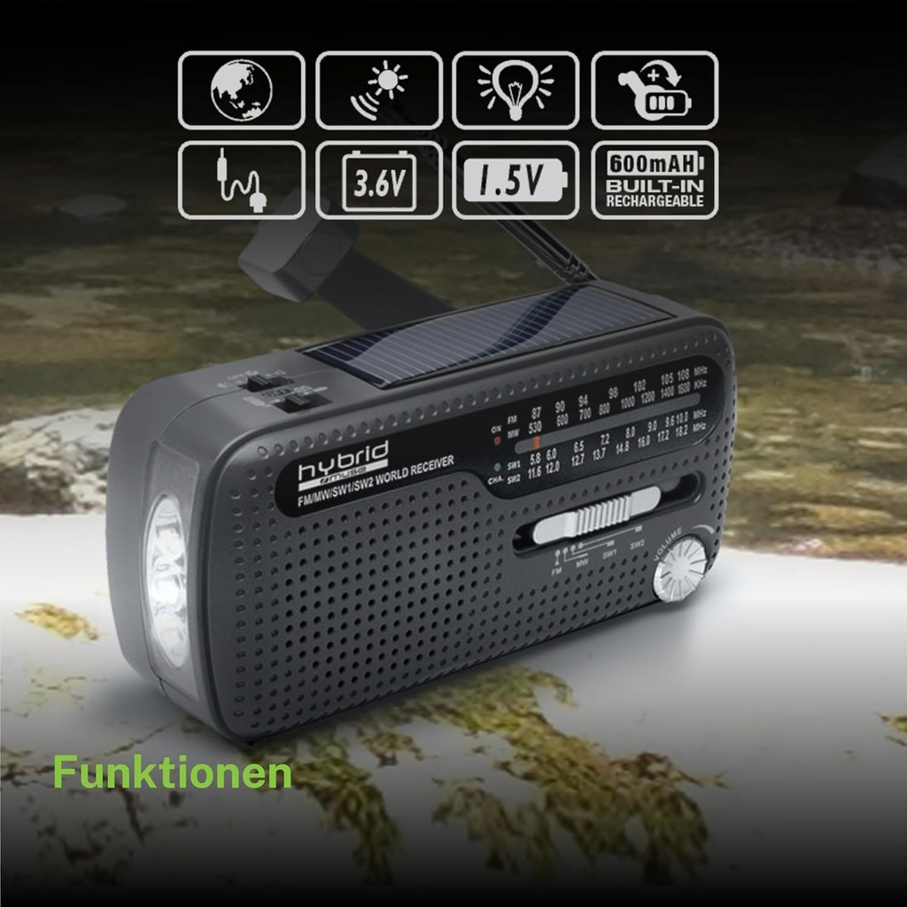 Muse MH-07 DS, Radio portátil, Bandas de radio FM/MW/SW1/SW2, Antena telescópica, Dinamo a manivela, USB jack, Adaptador mini jack (Mini USB), Alimentación por dinamo y energía solar, Sirena de emergencia y luz de alerta parpadeanteela