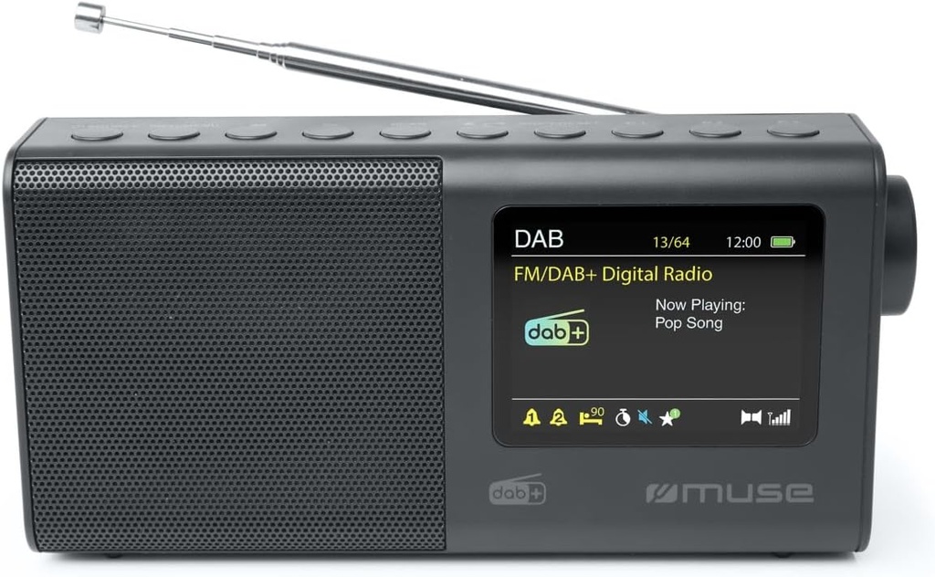 Muse M-117 DB, Radio Portátil FM/DAB/DAB+, Display a color de 2,8'' con dimmer, 20 presintonías (10 FM + 10 DAB), Alarma, snooze y sleep, Potencia de 3W