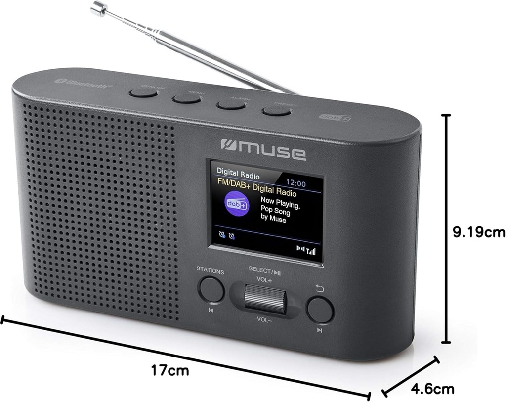Muse M112 DBT, Radio portátil FM/DAB+, Pantlla a color de 2,4'', Bluetooth, 20 presintonías (10 FM + 10 DAB+), Alarma dual, Función snooze y sleep, Toma de auriculares