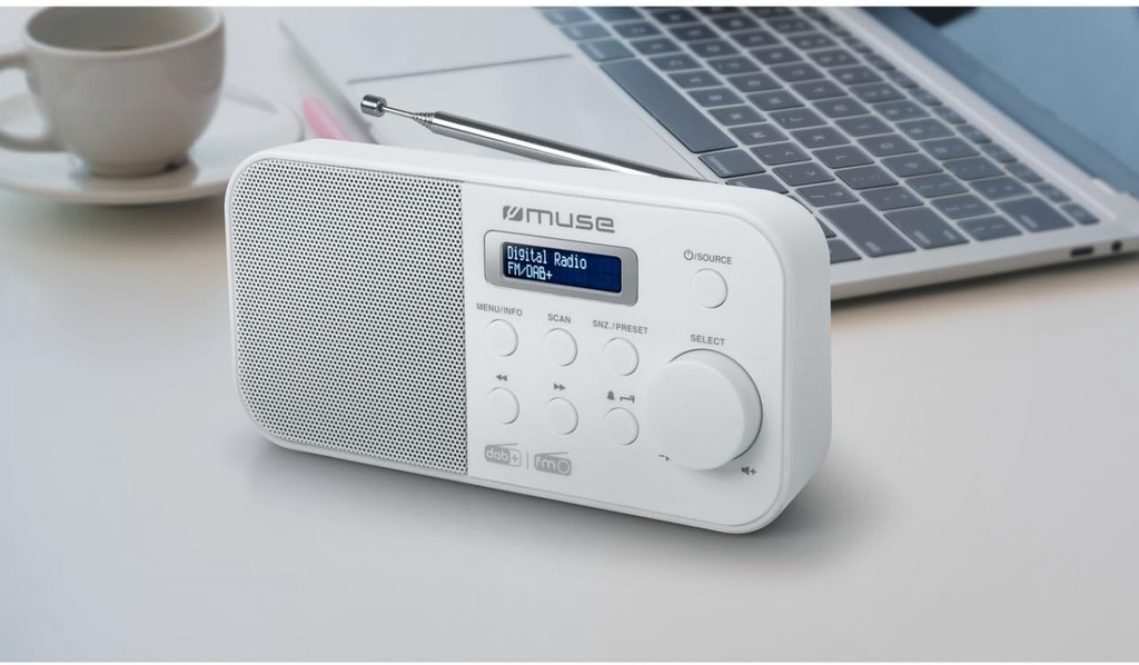 Muse M-109 DB, Radio portátil, FM/DAB+, Pantalla LCD con luz negra, 60 presintonías (30 FM + 30 DAB), Antena para FM, Doble alarma, snooze y función sleep