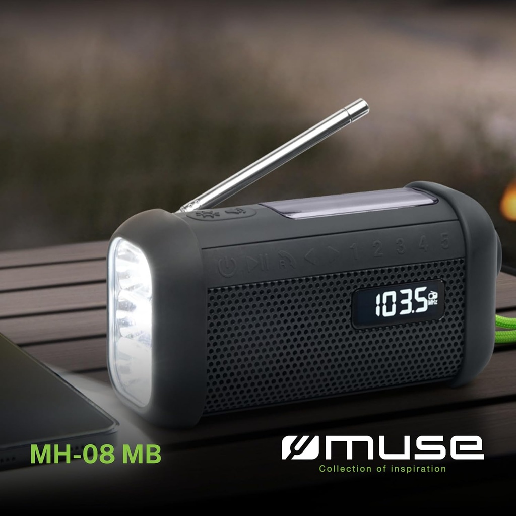 Muse MH 08 MB, Radio portátil con Bluetooth, Carga mediante dinamo y solar, Luz LED, Posibilidad de par estéreo, 5 presintonías de radio digital, Micrófono para manos libres, IP64, Sirena, Reloj, 6h de autonomía, NFC