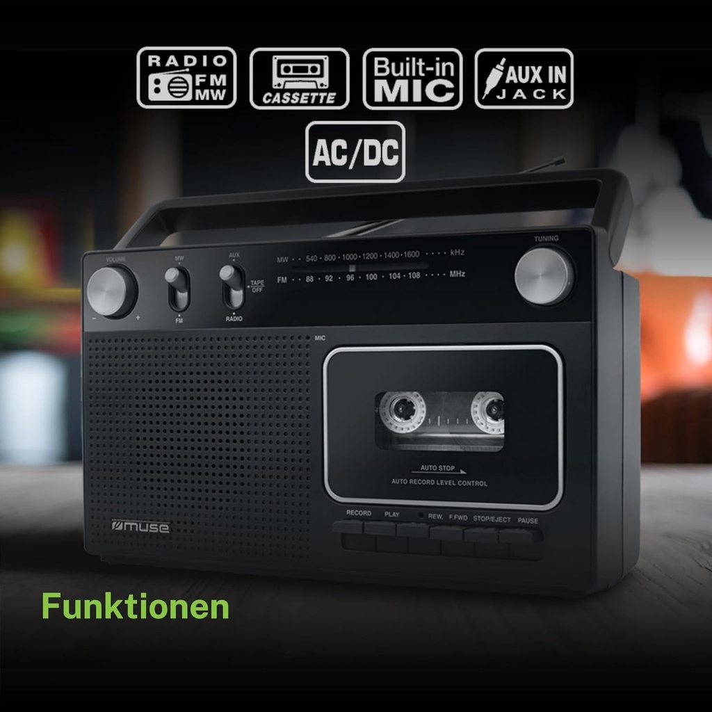 Muse M-152 RC, Reproductor y grabador de cassete, Radio analógica FM / MW con atena FM telescópica, Asa de mano, Altavoz 7,6 cm, Micrófono incorporado