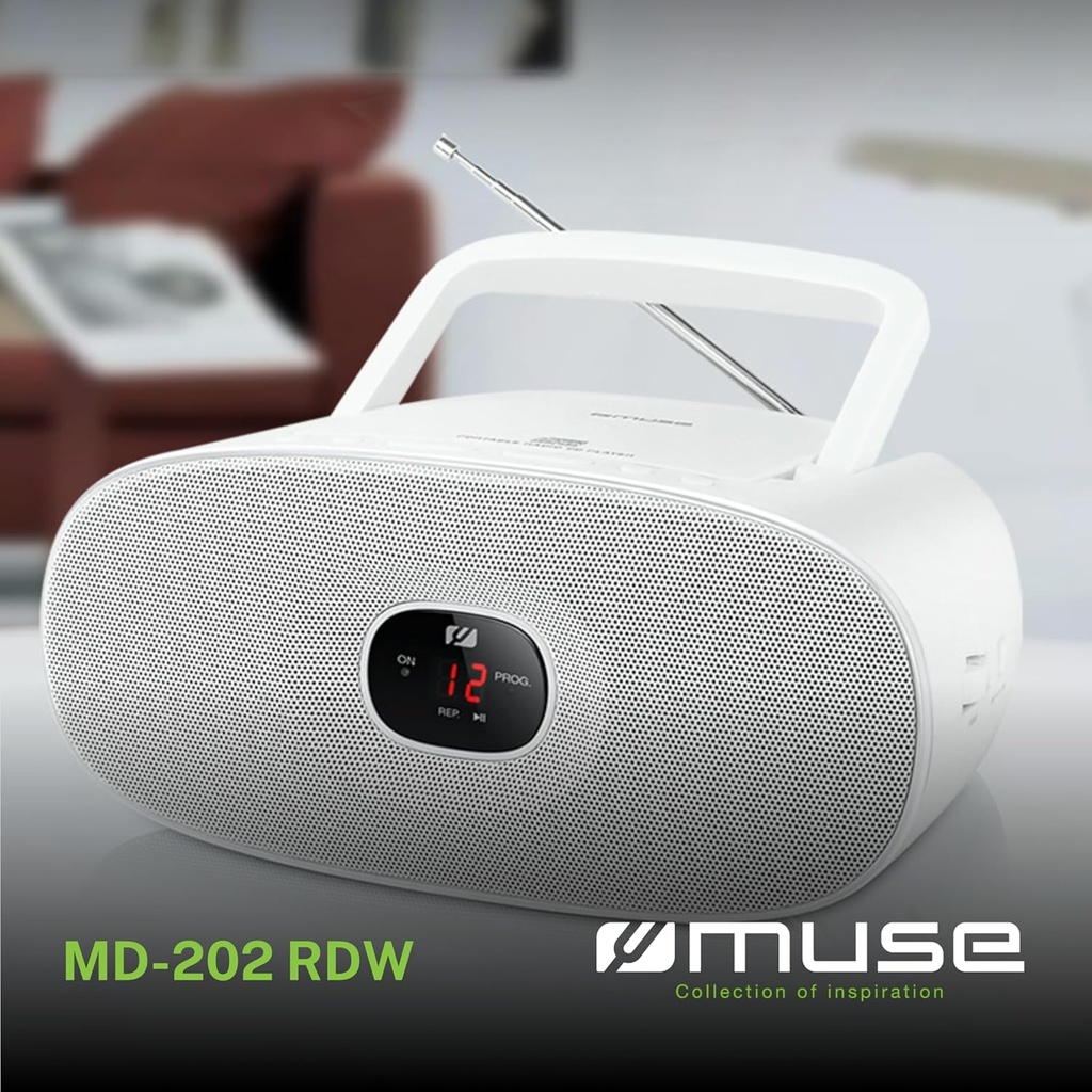 Muse MD-202 RDW, Radio reproductora CD / CD-R / CD-RW con función repetición y canciones programables, Radio analógica FM/MW, Antena telescópica, Entrada auxiliar mini-jack