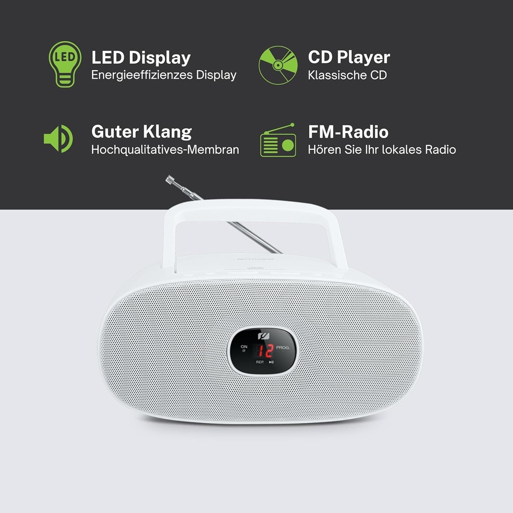 Muse MD-202 RDW, Radio reproductora CD / CD-R / CD-RW con función repetición y canciones programables, Radio analógica FM/MW, Antena telescópica, Entrada auxiliar mini-jack