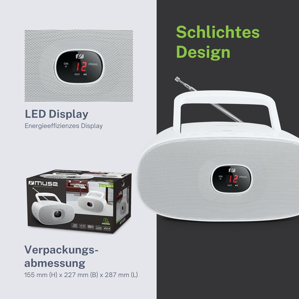 Muse MD-202 RDW, Radio reproductora CD / CD-R / CD-RW con función repetición y canciones programables, Radio analógica FM/MW, Antena telescópica, Entrada auxiliar mini-jack