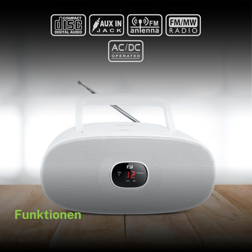 Muse MD-202 RDW, Radio reproductora CD / CD-R / CD-RW con función repetición y canciones programables, Radio analógica FM/MW, Antena telescópica, Entrada auxiliar mini-jack