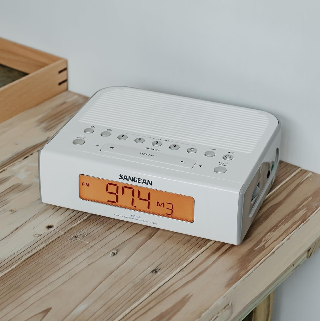 Sangean RCR-5, radio despertador, AM/FM, temporizador de alarma dual