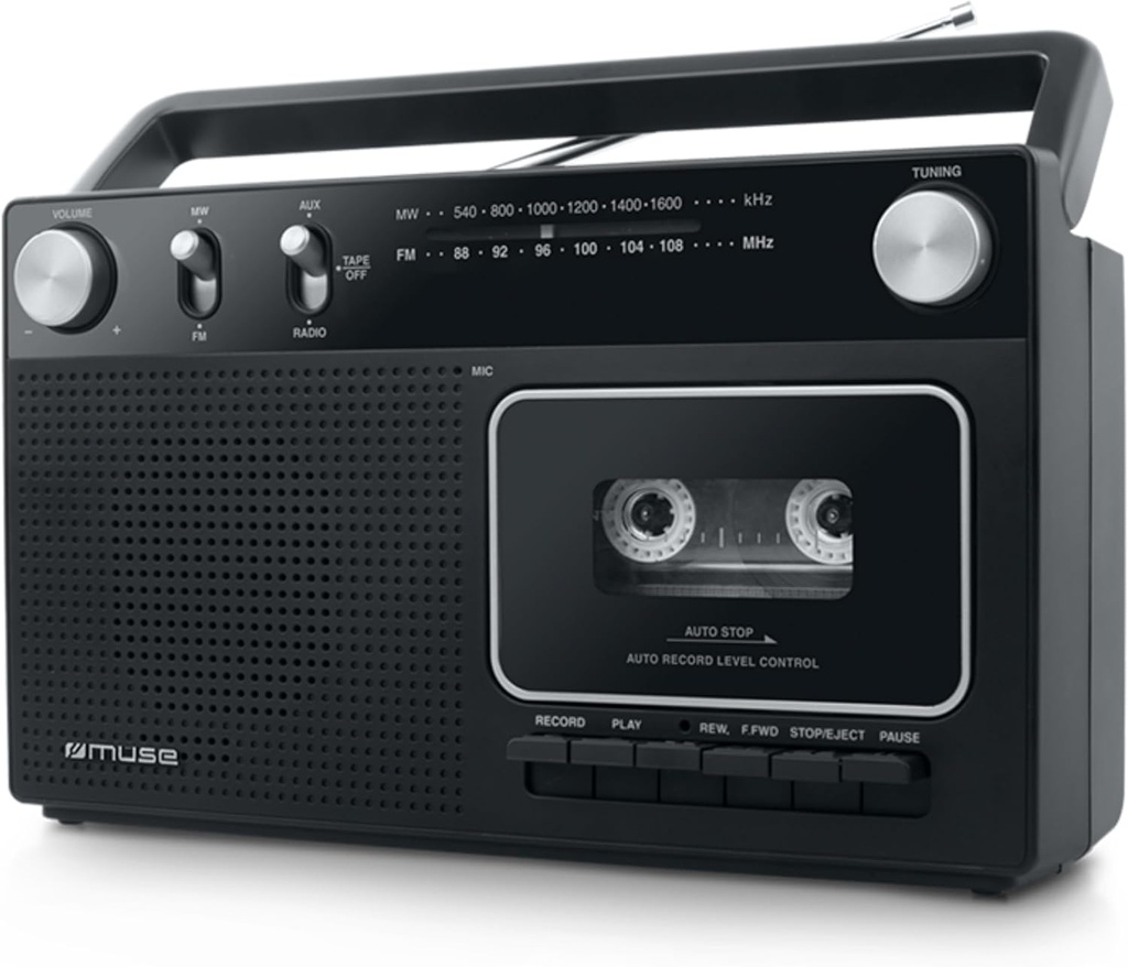 Muse M-152 RC, Reproductor y grabador de cassete, Radio analógica FM / MW con atena FM telescópica, Asa de mano, Altavoz 7,6 cm, Micrófono incorporado