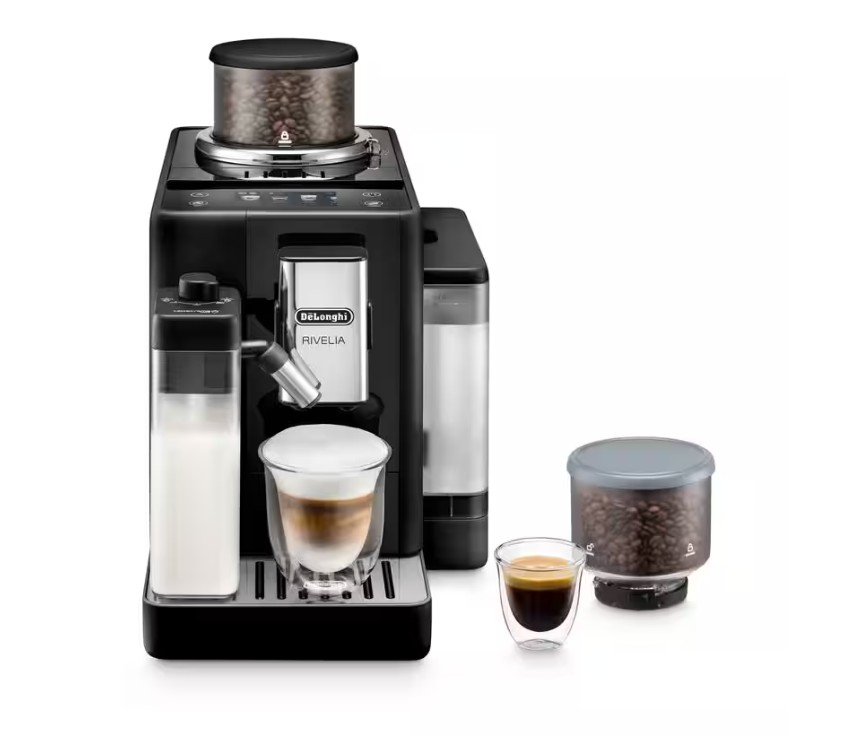 DeLonghi EXAM440.55.B, cafetera superautomática Rivelia, LatteCrema Hot, Bean Switch, 16 bebidas, 15 bares, negro