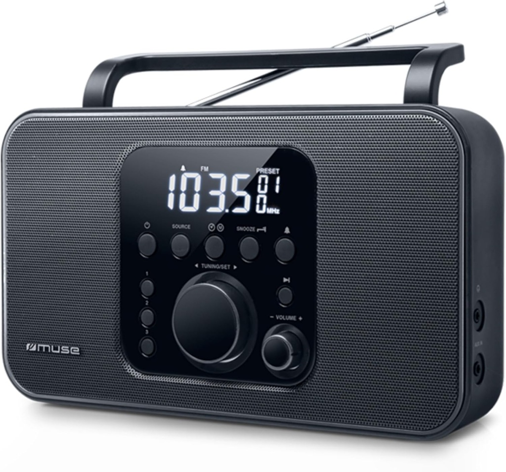 Muse M-091 R, Radio portátil FM/AM PLL, 20 presintonías para emisoras (10 FM + 10 MW), Pantalla LCD, Reloj con alarma, Despertador por radio o buzzer, Entrada auxiliar, Alimentación por corriente o pilas