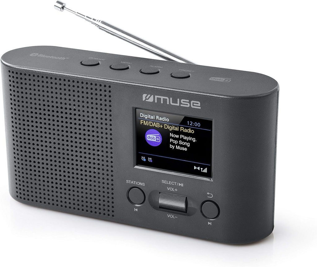 Muse M112 DBT, Radio portátil FM/DAB+, Pantlla a color de 2,4'', Bluetooth, 20 presintonías (10 FM + 10 DAB+), Alarma dual, Función snooze y sleep, Toma de auriculares