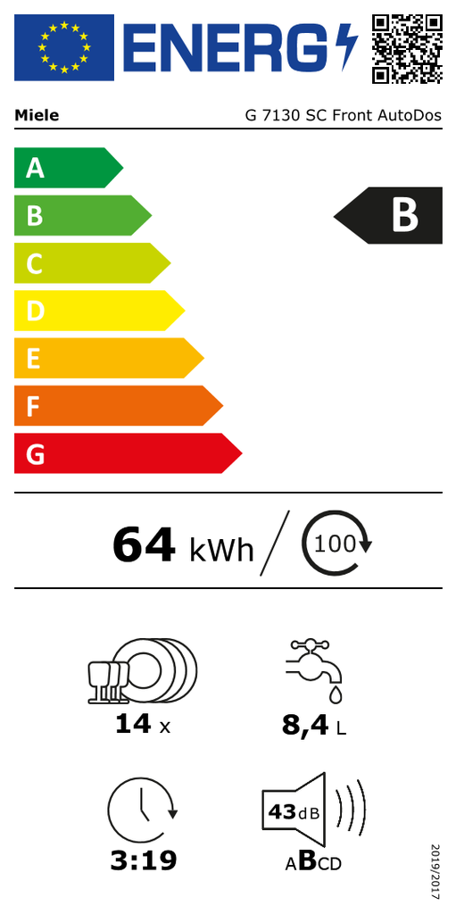 Miele G7130SC, lavavajillas dosificación integrada, libre instalación, QuickPowerWash, PowerDisk, AutoOpen, acero inox, clase B