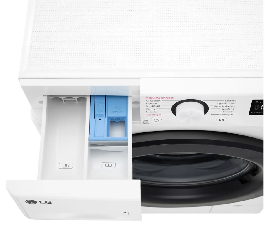 LG F4WR5009A6W, lavadora de carga frontal, 9kg, 1400rpm, 12 programas, AI Direct Drive™, vapor Steam™