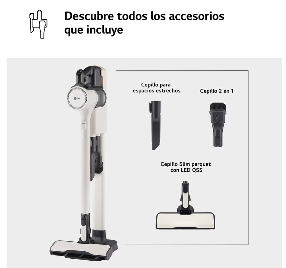 LG A9K Lite1C, aspirador escoba, 220w succión, sistema de compresión de polvo, filtro HEPA, blanco