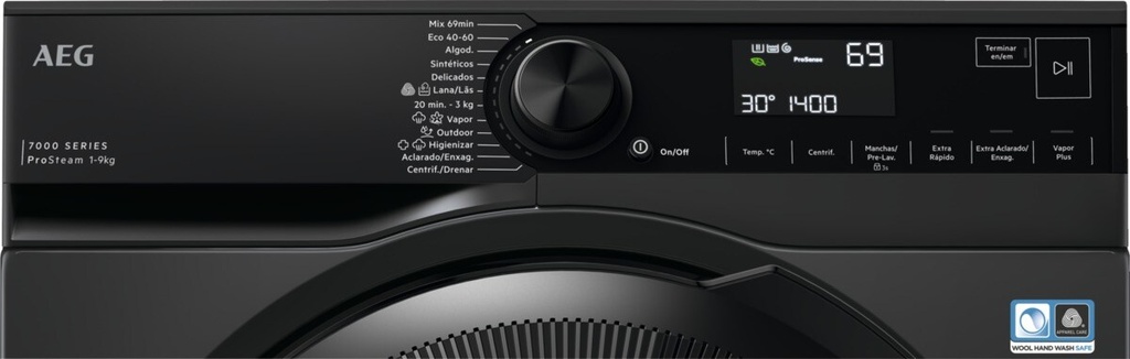 AEG LFR7394V4B, lavadora carga frontal, acero negro, 9kg, 1400rpm, clase A