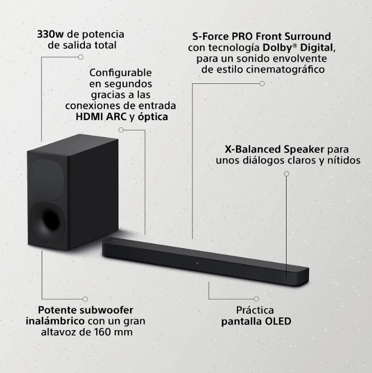 Sony HT-SD40, barra de sonido, subwoofer inalámbrico, Bluetooth, S-Force PRO