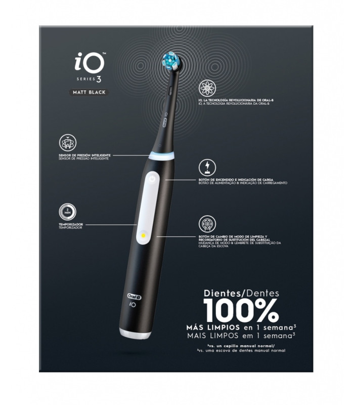 Oral-B iO3, cepillo eléctrico negro, con funda de viaje, 2 recambios, Ultimate Clean