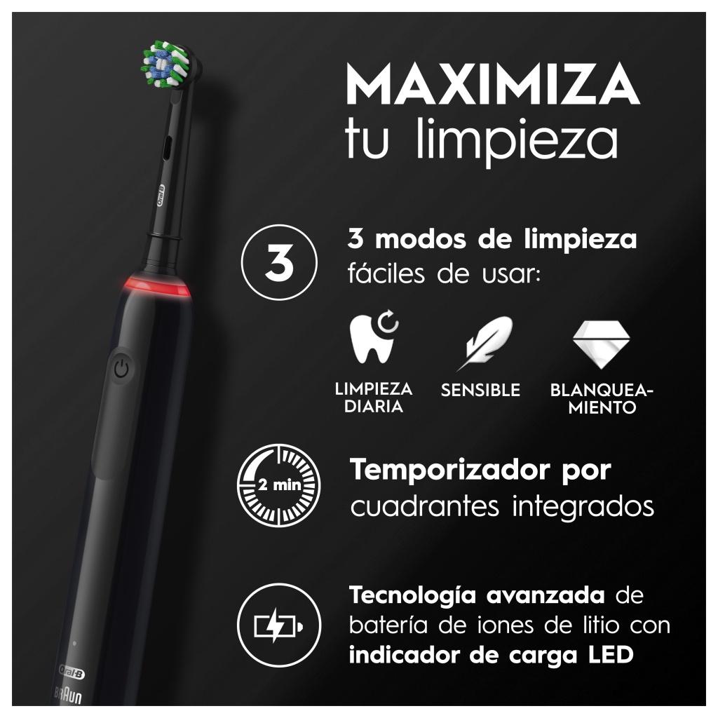 Oral-B Pro series 3, cepillo eléctrico negro, pack regalo 4 recambios Cross Action