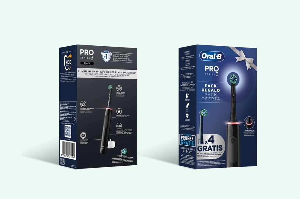 Oral-B Pro series 3, cepillo eléctrico negro, pack regalo 4 recambios Cross Action