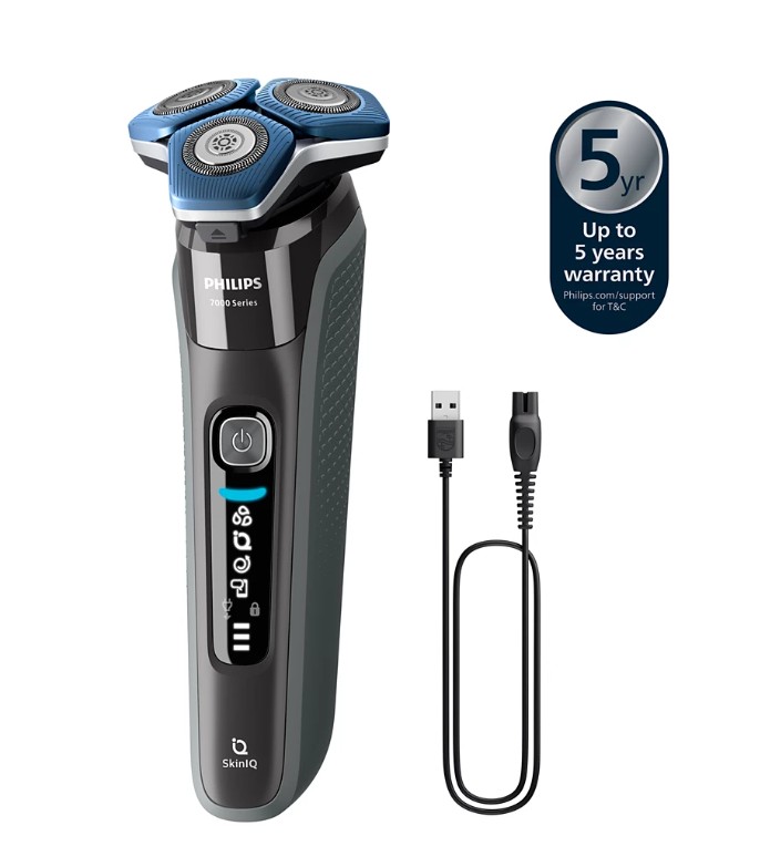 Philips S7887, afeitadora eléctrica en seco y mojado, series 7000, SkinIQ, gris y azul