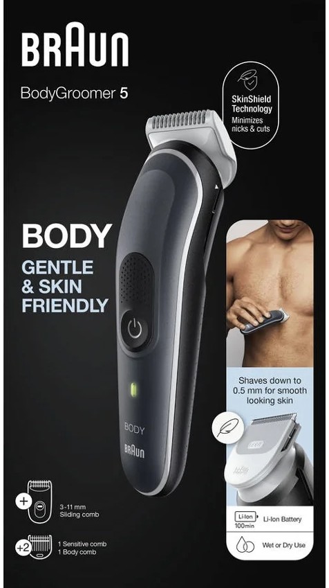 Braun BG5340, afeitadora corporal en seco y húmedo, 3 peines, SkinShield, series 5, negro