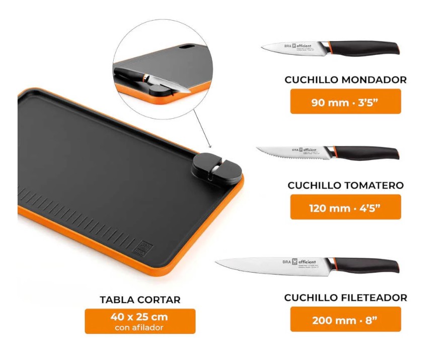 BRA A198021, set de 3 cuchillos Efficient, tabla de cortar incluida, afilador de cuchillos