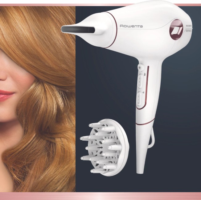 Rowenta CV6135F0, secador de pelo, 1800w, 3D Volume Booster, 3 temperaturas, 2 velocidades, difusor, color blanco y granate