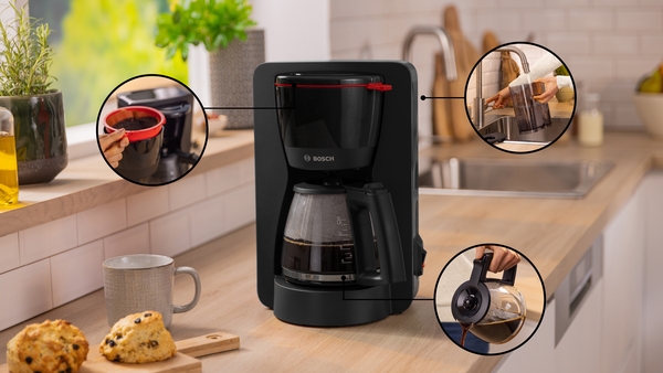 Bosch TKA2M113 Cafetera de Goteo, Jarra de Cristal Ergonómica, Depósito de Agua Extraible, Filtro Extraible