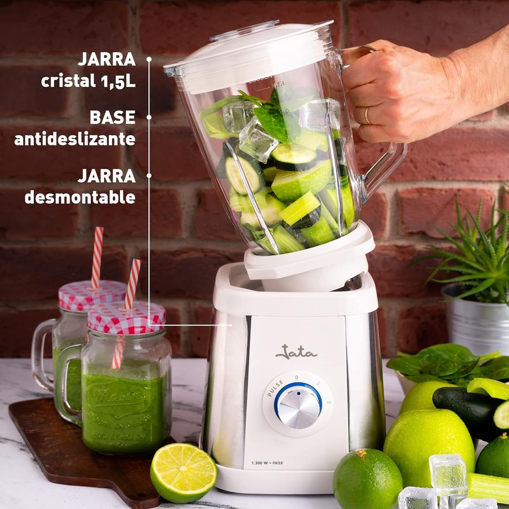 Jata BT797, batidora de vaso de cristal BT797, 1.300 W de potencia y cuchilla dentada apta para picar hielo