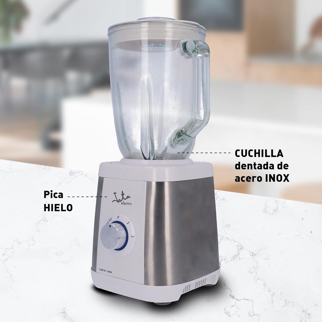 Jata BT797, batidora de vaso de cristal BT797, 1.300 W de potencia y cuchilla dentada apta para picar hielo