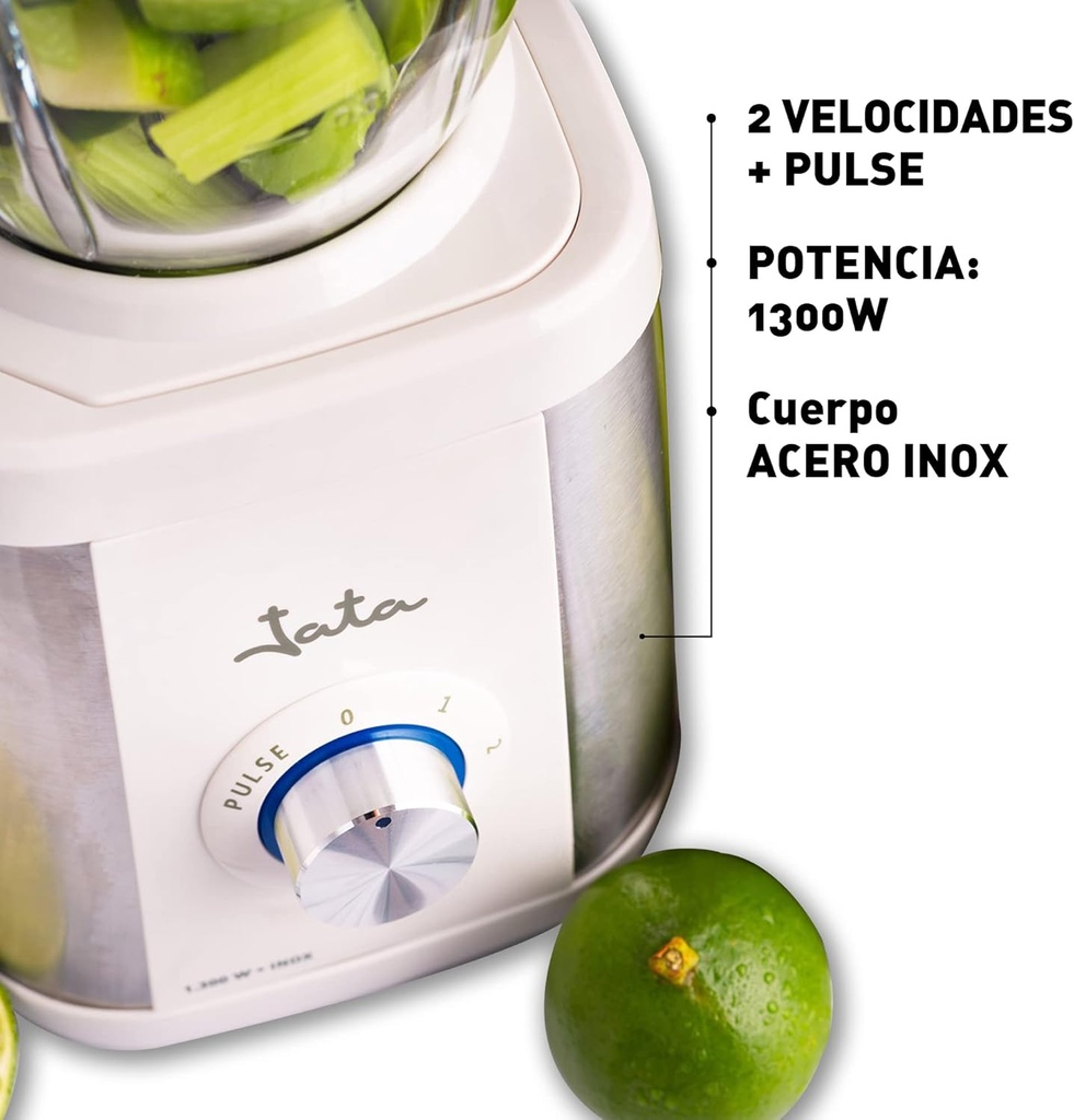 Jata BT797, batidora de vaso de cristal BT797, 1.300 W de potencia y cuchilla dentada apta para picar hielo