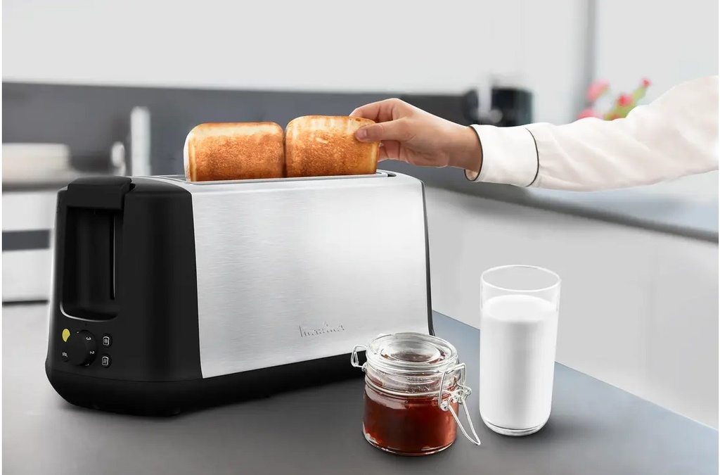 Moulinex LS342D10, tostadora, 2 ranuras largas, 7 niveles de tostado, descongela, recalienta, función ECO, exterior acero inoxidable, bandeja recogemigas extraíble, palanca elevadora, negro