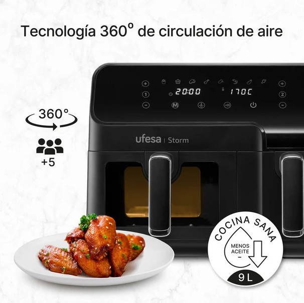 Ufesa Storm, freidora de aire, doble cubeta, 5,5l + 3,5l, 2700w, hasta 200ºC, 8 programas, negro