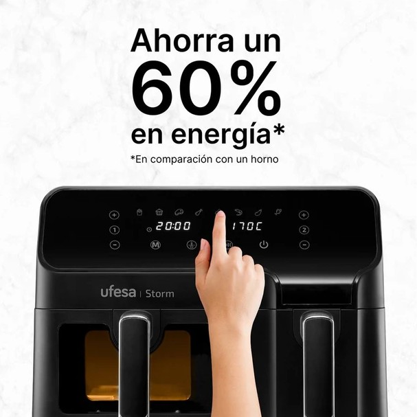 Ufesa Storm, freidora de aire, doble cubeta, 5,5l + 3,5l, 2700w, hasta 200ºC, 8 programas, negro