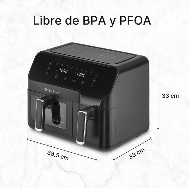Ufesa Storm, freidora de aire, doble cubeta, 5,5l + 3,5l, 2700w, hasta 200ºC, 8 programas, negro