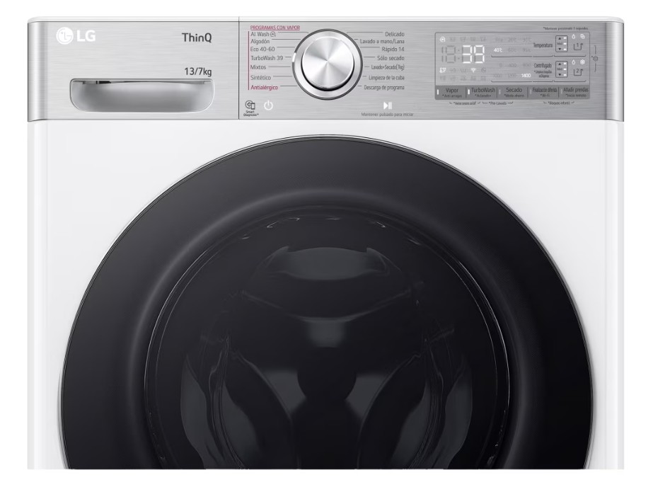 LG F4DR9513A2W, Lavasecadora inteligente AI Direct Drive™, Turbowash 360º, Autodosificación 13/7kg, 1400rpm, Un 10% más eficiente que A(lavado) /D(secado)