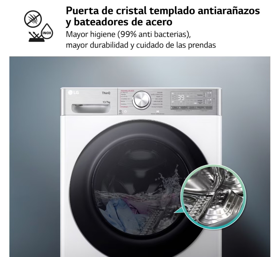 LG F4DR9513A2W, Lavasecadora inteligente AI Direct Drive™, Turbowash 360º, Autodosificación 13/7kg, 1400rpm, Un 10% más eficiente que A(lavado) /D(secado)