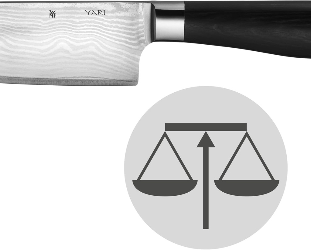 WMF Yari, set 3 cuchillos japoneses, 67 capas acero inoxidable forjadas, filo de larga duración, peso equilibrado, madera de Pakka