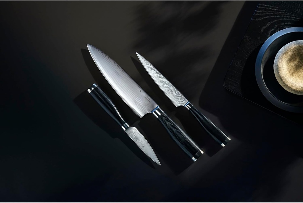 WMF Yari, set 3 cuchillos japoneses, 67 capas acero inoxidable forjadas, filo de larga duración, peso equilibrado, madera de Pakka