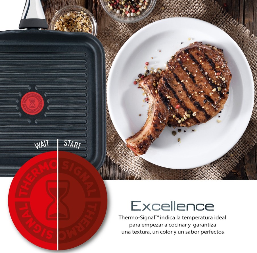 Tefal Excellence, sartén grill de aluminio fundido, 26x26cm, para todo tipo de cocinas